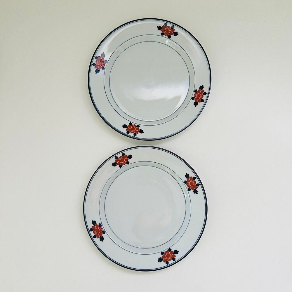 DANSK Bistro Christianshavn White Porcelain Rust Blue Floral Dinner Plate, 2 Set